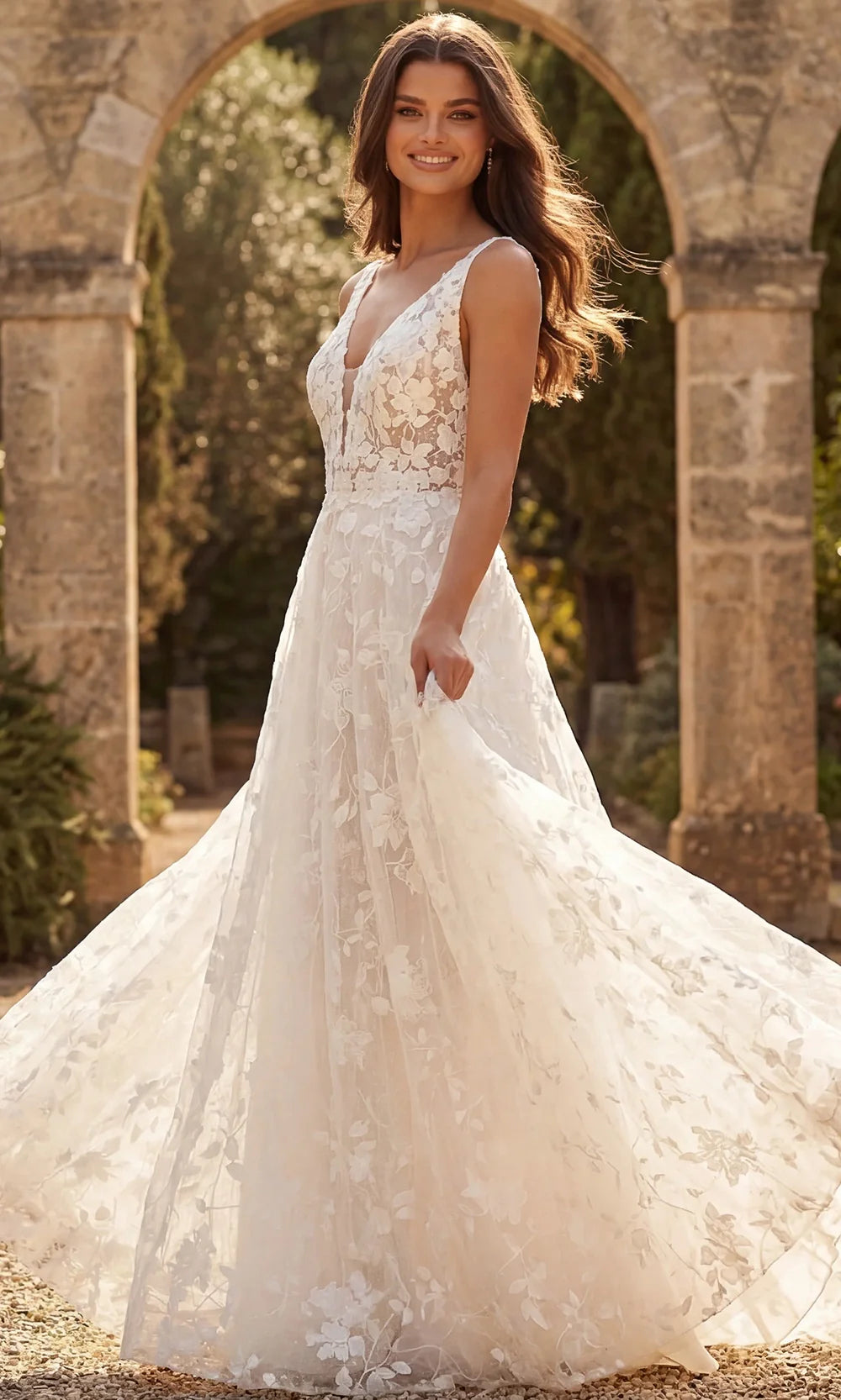 Jovani Bridal JB49748 - V-Neck Applique Tulle Gown with Train Wedding Dresses  in Ivory Nude