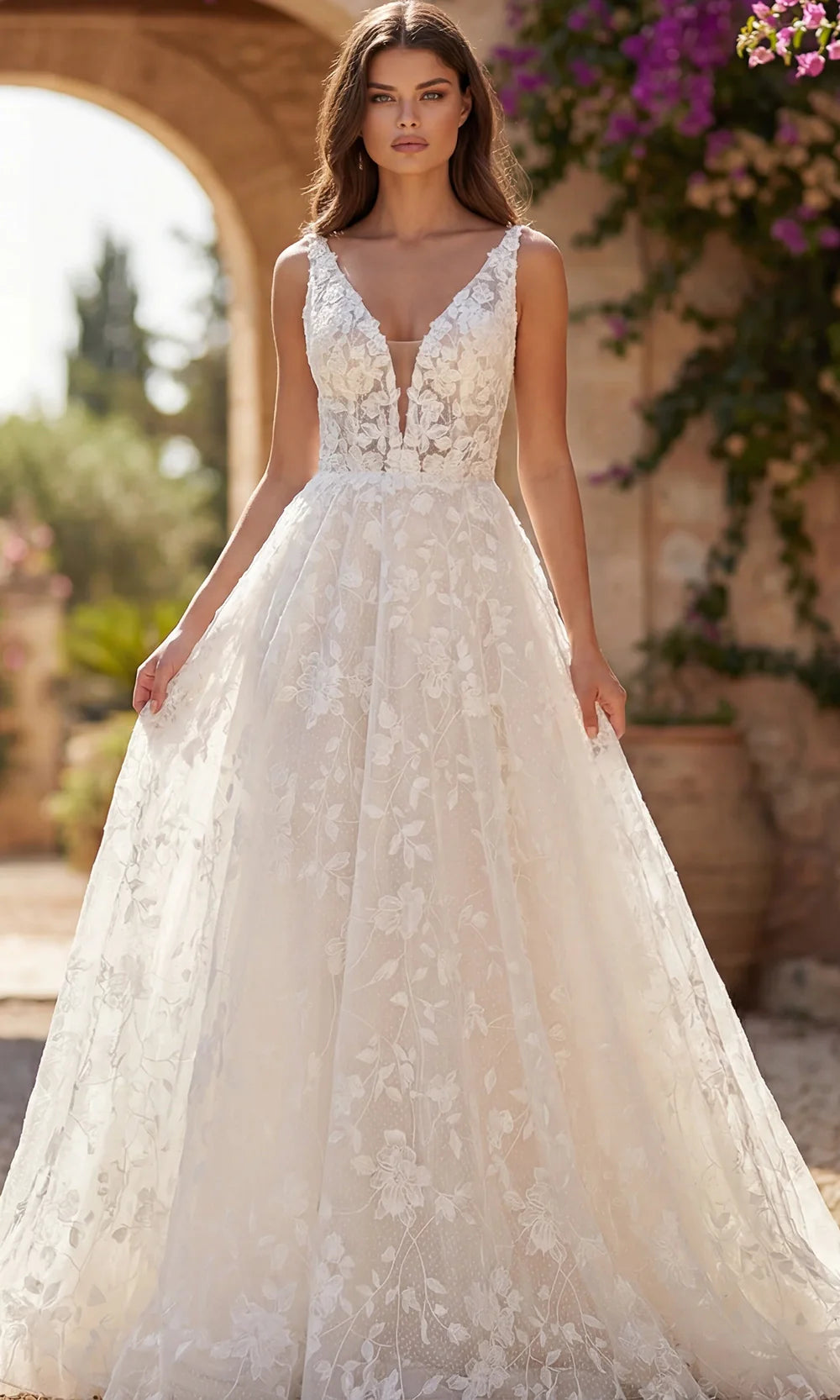 Jovani Bridal JB49748 - V-Neck Applique Tulle Gown with Train Wedding Dresses  in Ivory Nude