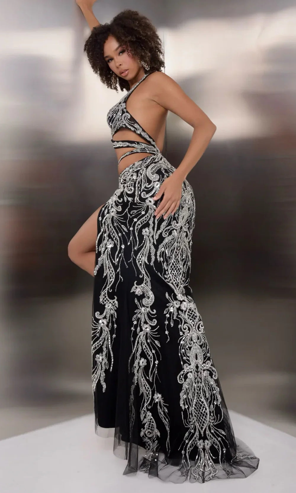 Jasz Couture 7900 - Embellished Halter Sheath Gown with Cutout Detail Prom Dresses in Black 