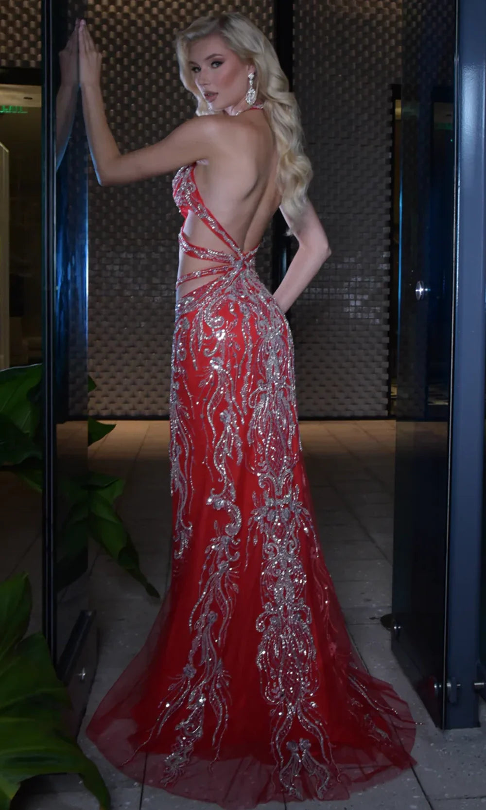 Jasz Couture 7900 - Embellished Halter Sheath Gown with Cutout Detail Prom Dresses in Red 