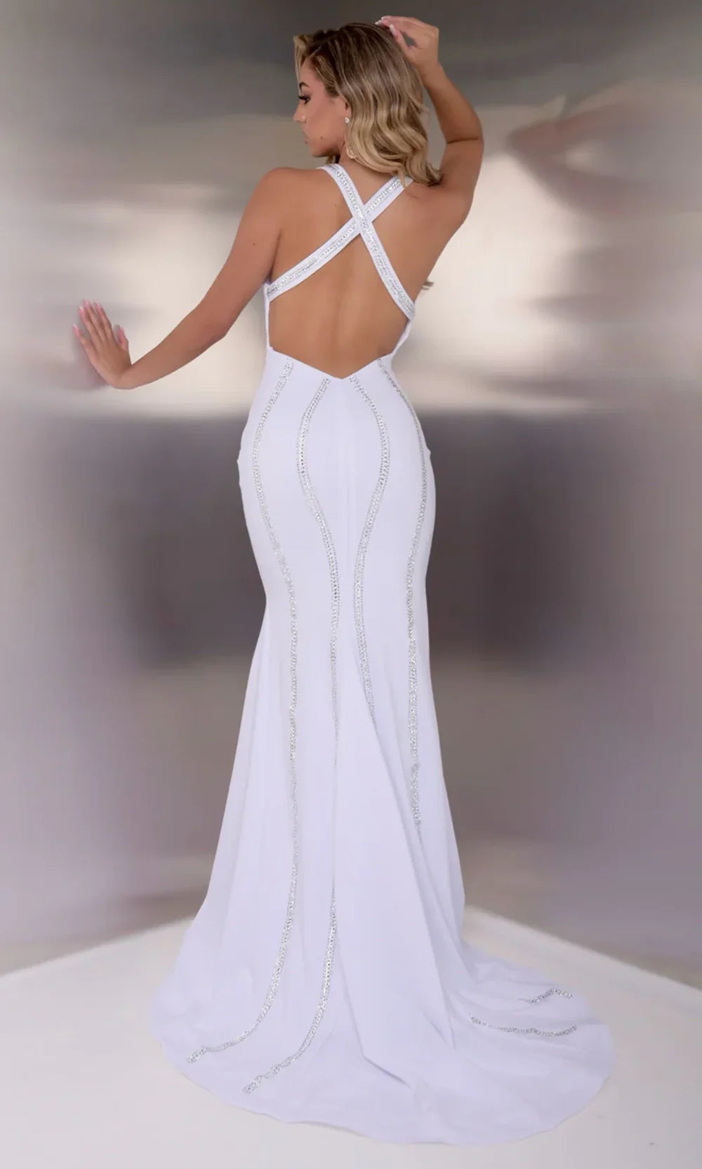 Jasz Couture 7903 - Crystal Trim Fitted Crisscross Back Prom Gown Prom Dresses in White 