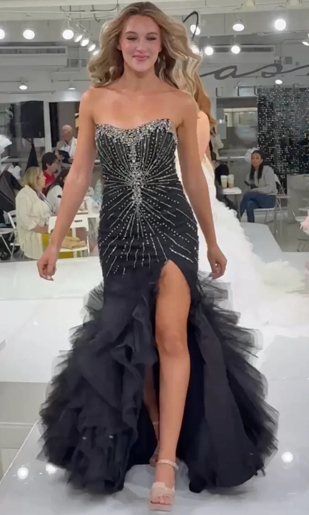 Jasz Couture 7905 - Ruffled Skirt Strapless Scoop Prom Gown Special Occasion Dress in Black Gunmetal
