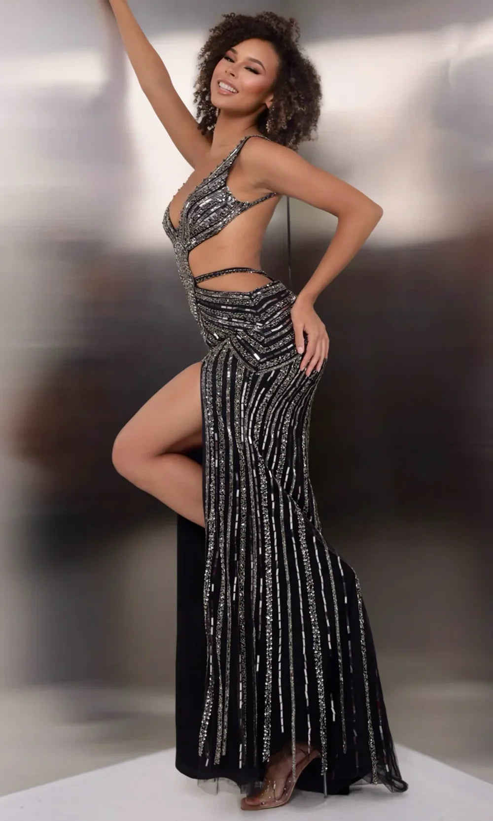 Jasz Couture 7906 - Plunging V-Neck Sparkle Prom Gown with Cutouts Prom Dresses in Black 