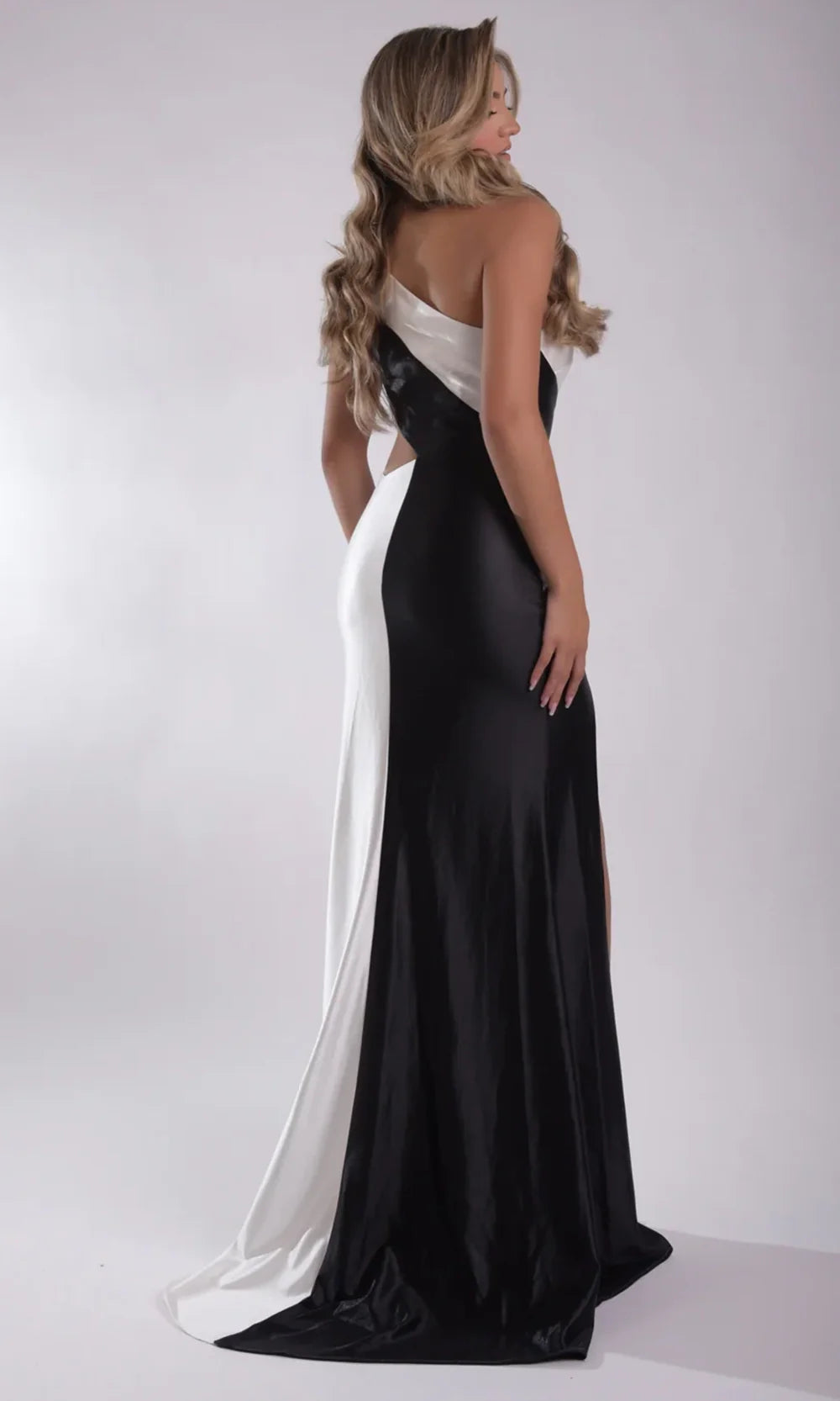 Jasz Couture 7907 - Asymmetrical Cutout Evening Gown with Slit Prom Dresses in Black White