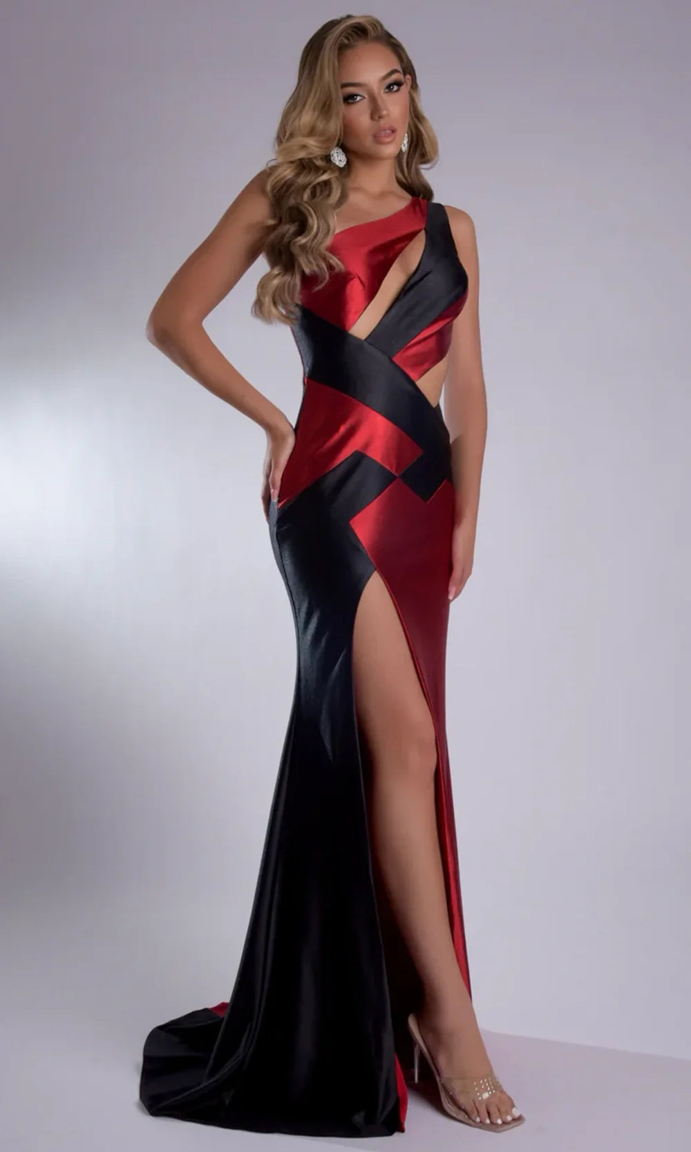 Jasz Couture 7907 - Asymmetrical Cutout Evening Gown with Slit Prom Dresses in Red Black