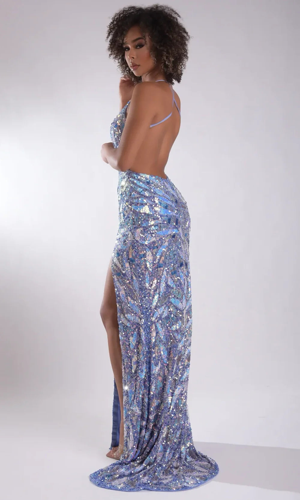 Jasz Couture 7909 - Beaded Bodice V-Neckline High Slit Gown Prom Dresses in Periwinkle 