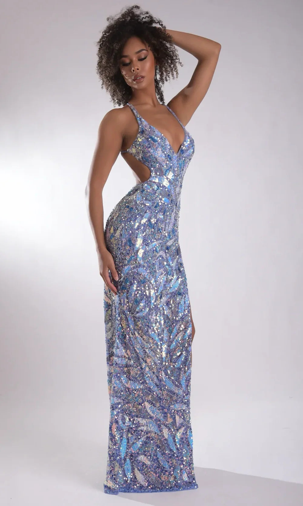 Jasz Couture 7909 - Beaded Bodice V-Neckline High Slit Gown Prom Dresses in Periwinkle 