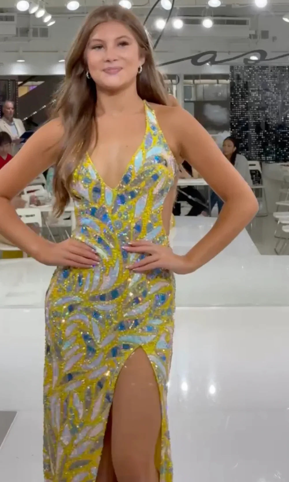 Jasz Couture 7909 - Beaded Bodice V-Neckline High Slit Gown Prom Dresses in Yellow 