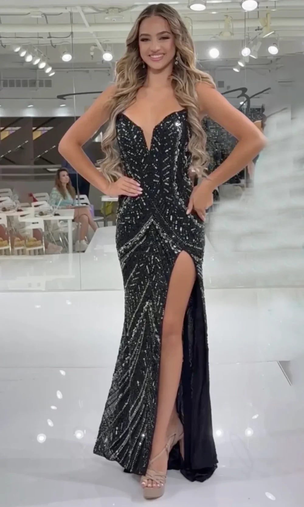 Jasz Couture 7910 - Strapless Allover Beaded Long Gown with Slit Prom Dresses in Black Gunmetal