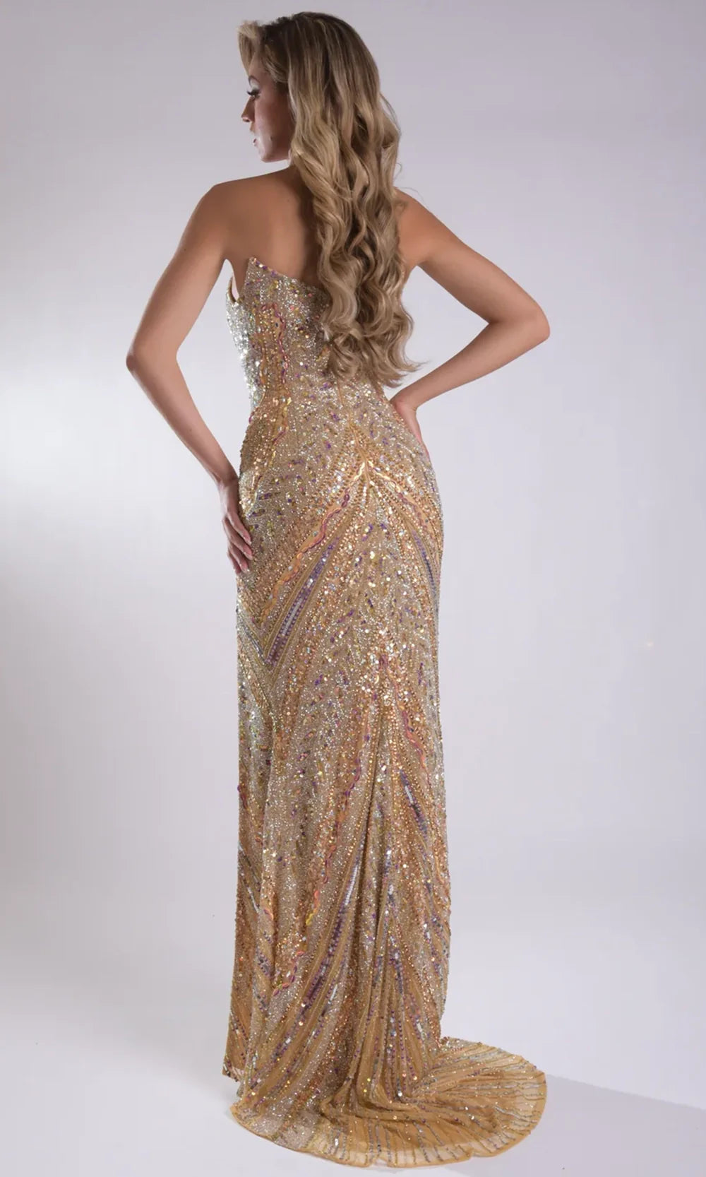 Jasz Couture 7910 - Strapless Allover Beaded Long Gown with Slit Prom Dresses in Gold 