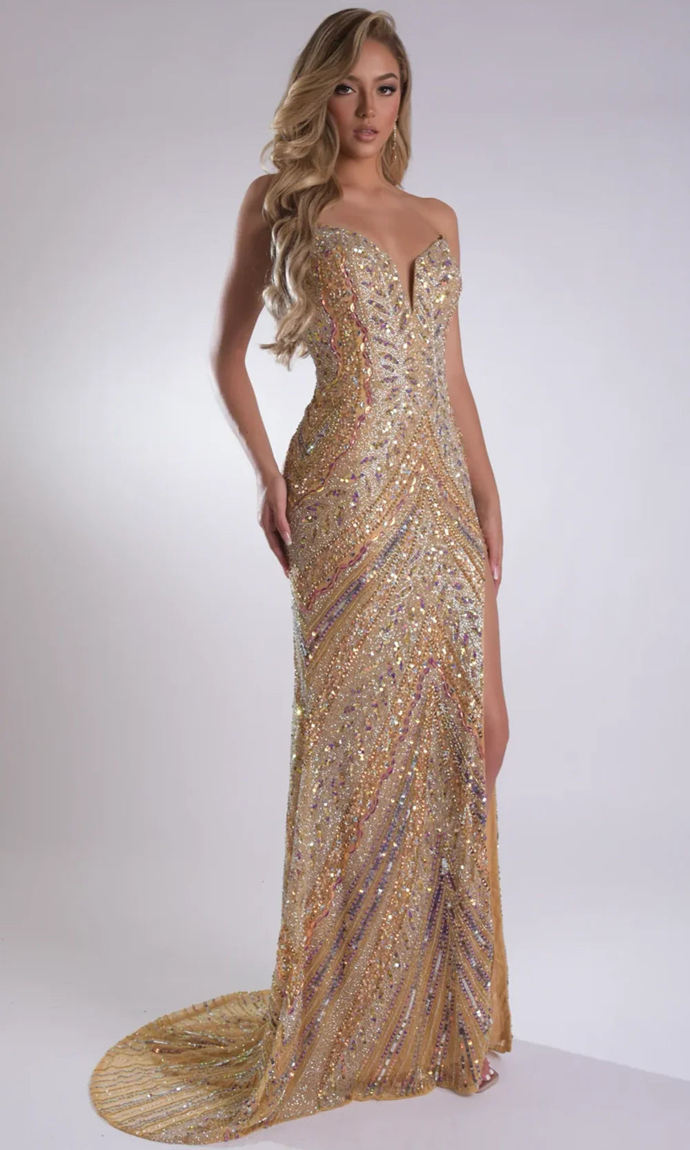 Jasz Couture 7910 - Strapless Allover Beaded Long Gown with Slit Prom Dresses in Gold 