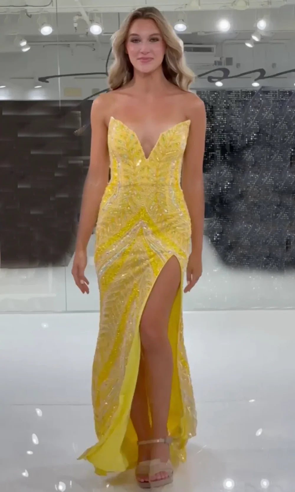 Jasz Couture 7910 - Strapless Allover Beaded Long Gown with Slit Prom Dresses in Yellow 