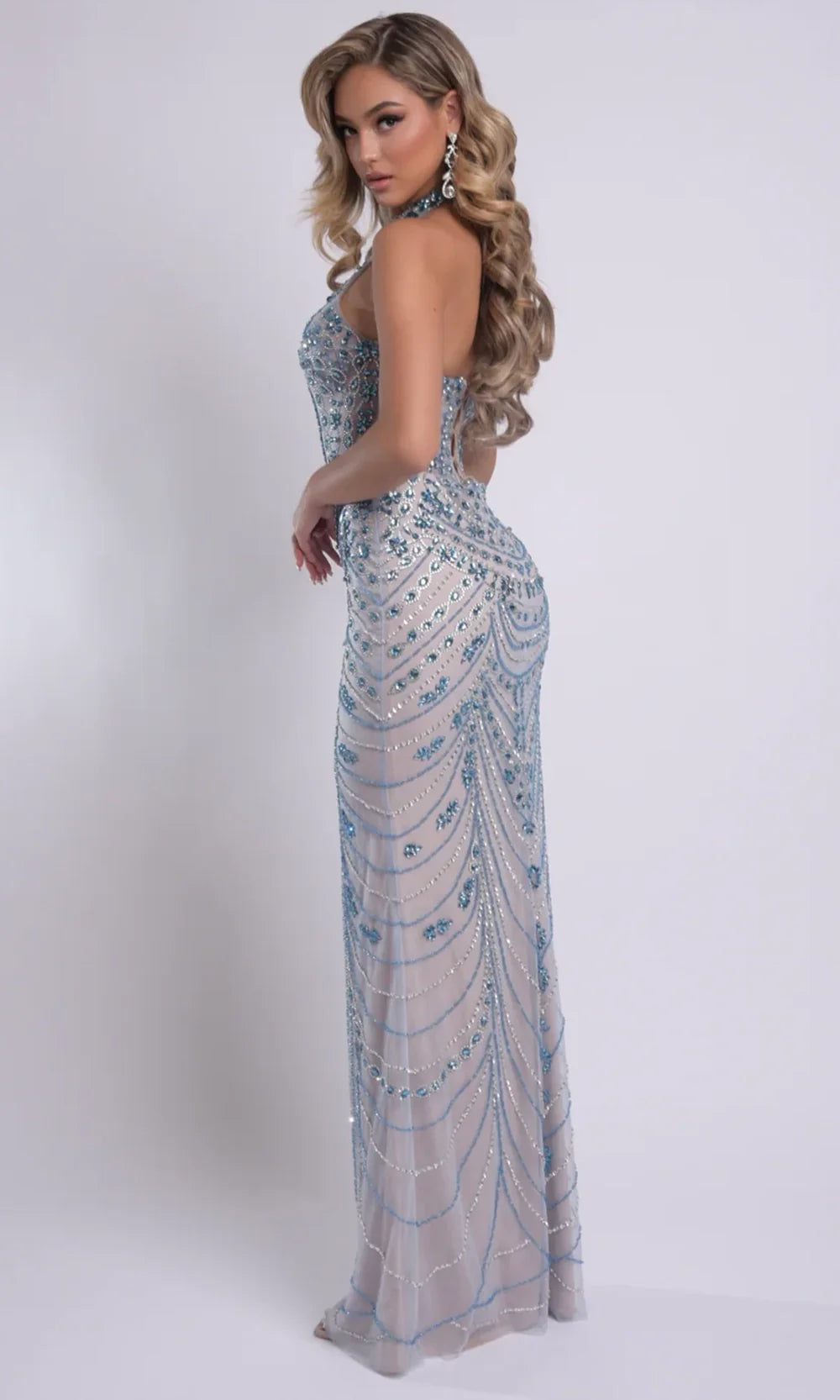 Jasz Couture 7912 - Lace-Up Back Illusion Beaded Prom Gown Prom Dresses in Nude Tuequoise