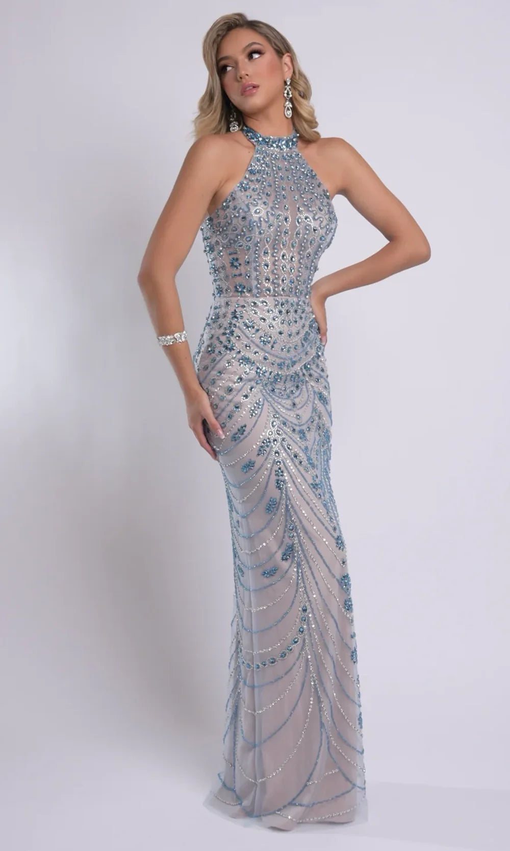 Jasz Couture 7912 - Lace-Up Back Illusion Beaded Prom Gown Prom Dresses in Nude Tuequoise