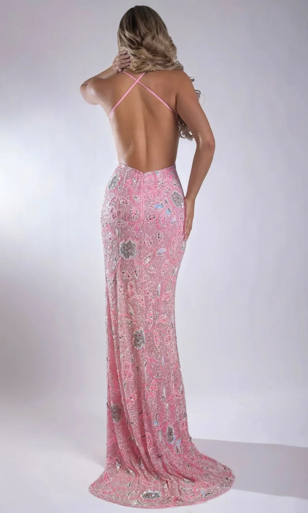 Jasz Couture 7923 - Crisscross Back High Slit Beaded Gown Prom Dresses in Pink 
