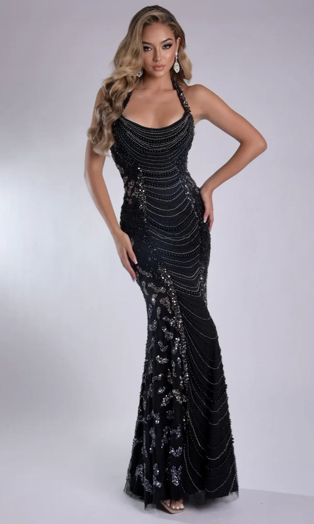Jasz Couture 7925 - Scoop Neck Pearl Beaded Evening Gown Prom Dresses in Black 