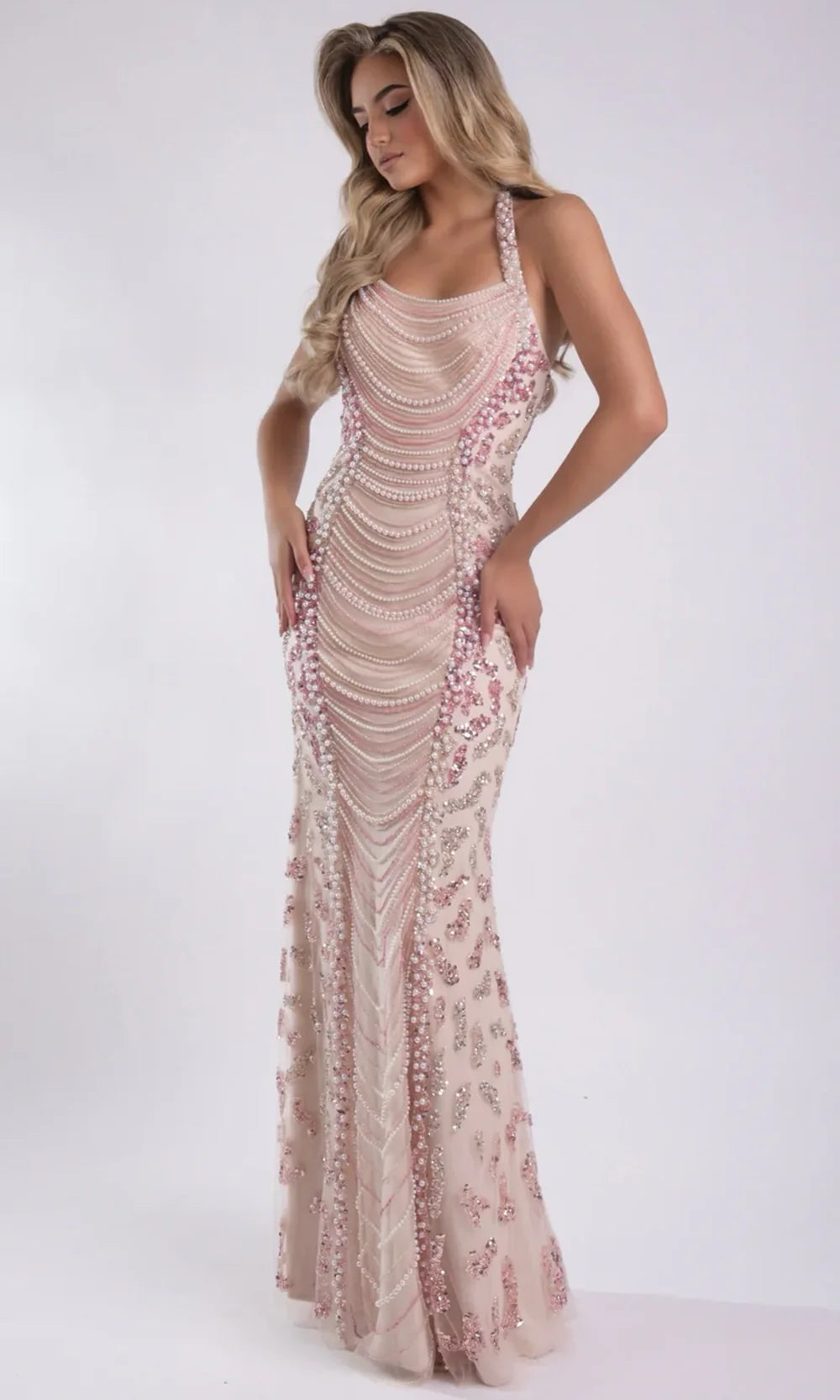 Jasz Couture 7925 - Scoop Neck Pearl Beaded Evening Gown Prom Dresses in Nude 