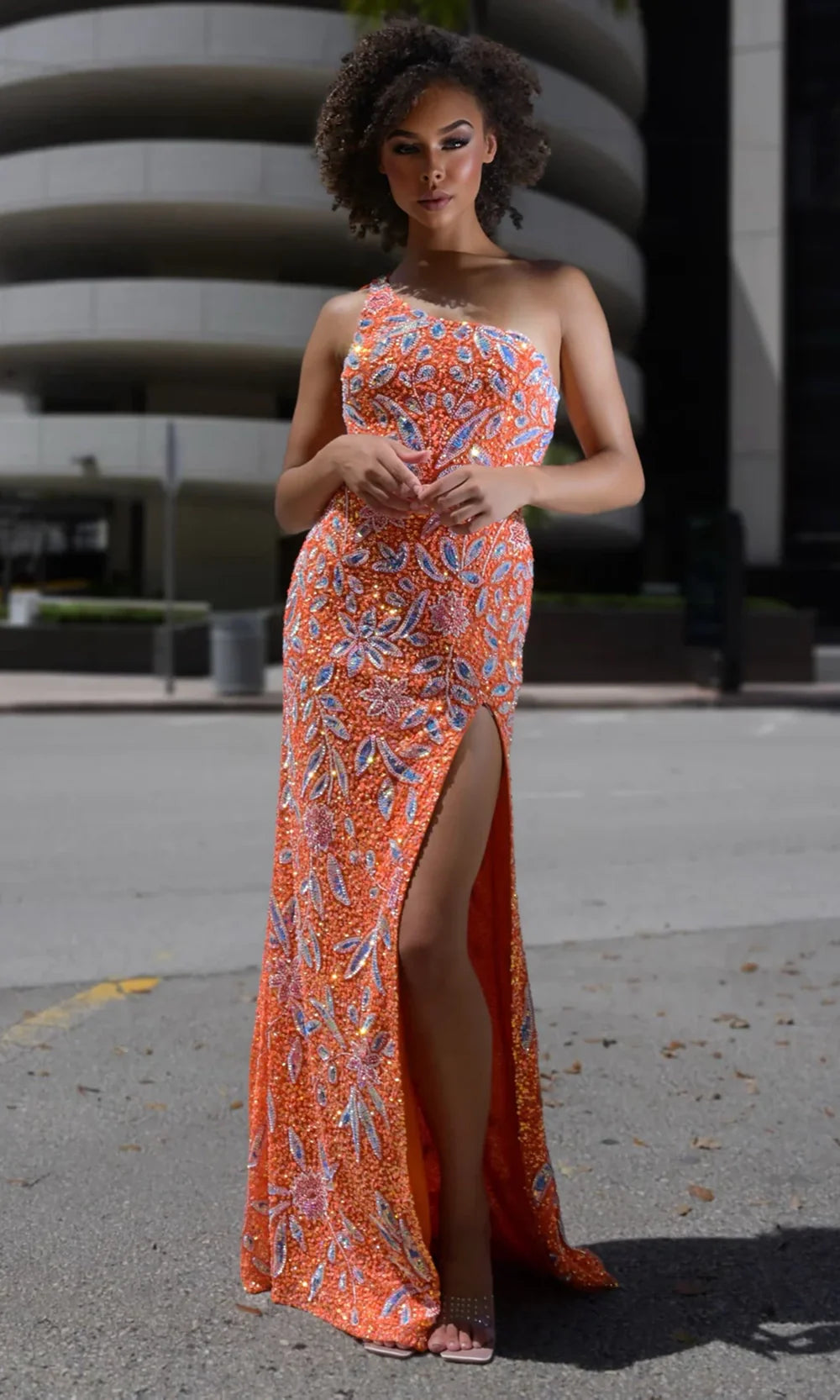 Jasz Couture 7928 - Floral Beaded Sequin Asymmetric Prom Gown Prom Dresses in Orange 