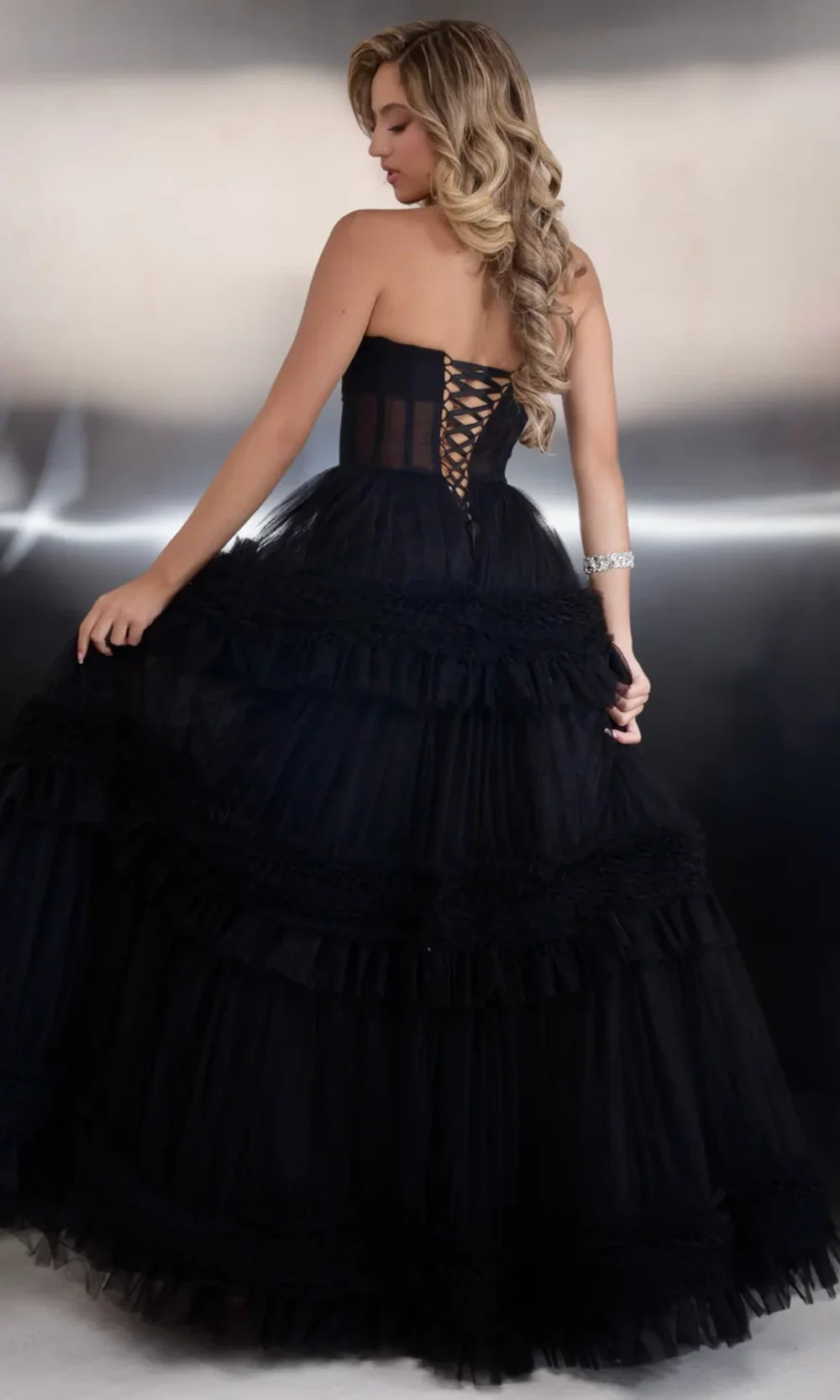 Jasz Couture 7930 - Corset Lace-Up Ruffle Evening Gown Ball Gowns in Black 