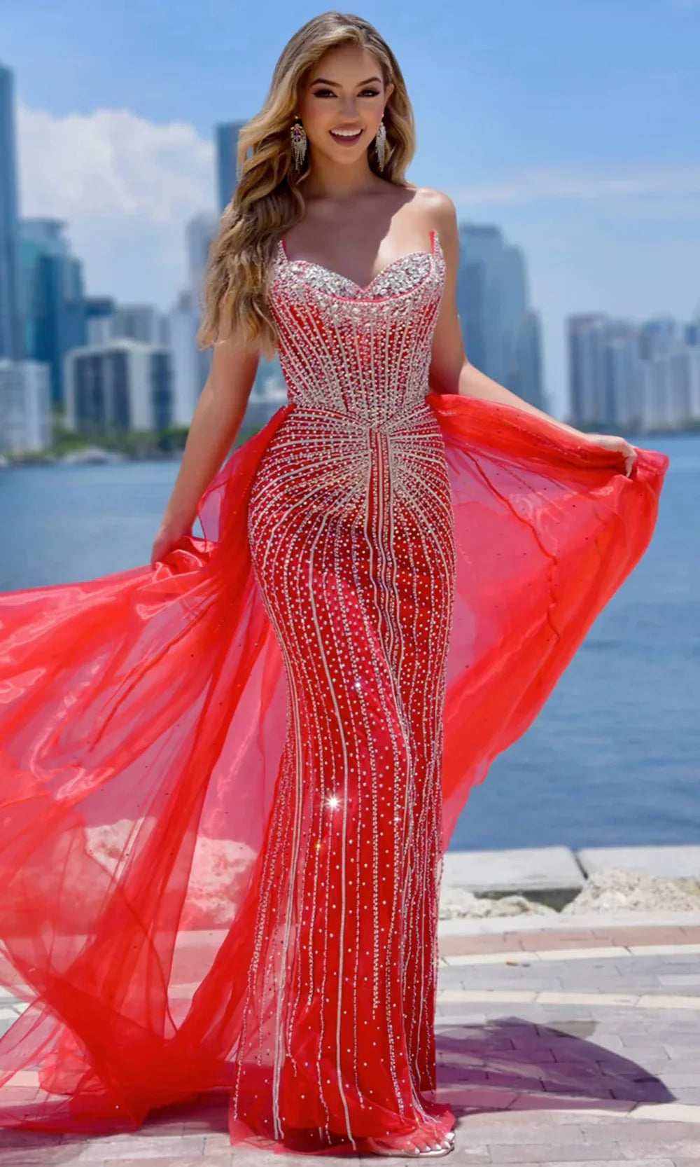 Jasz Couture 7932 - Detachable Overskirt Beaded Sweetheart Gown Prom Dresses in Red 
