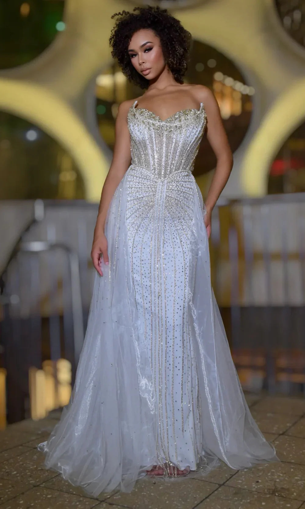 Jasz Couture 7932 - Detachable Overskirt Beaded Sweetheart Gown Prom Dresses in White Gold