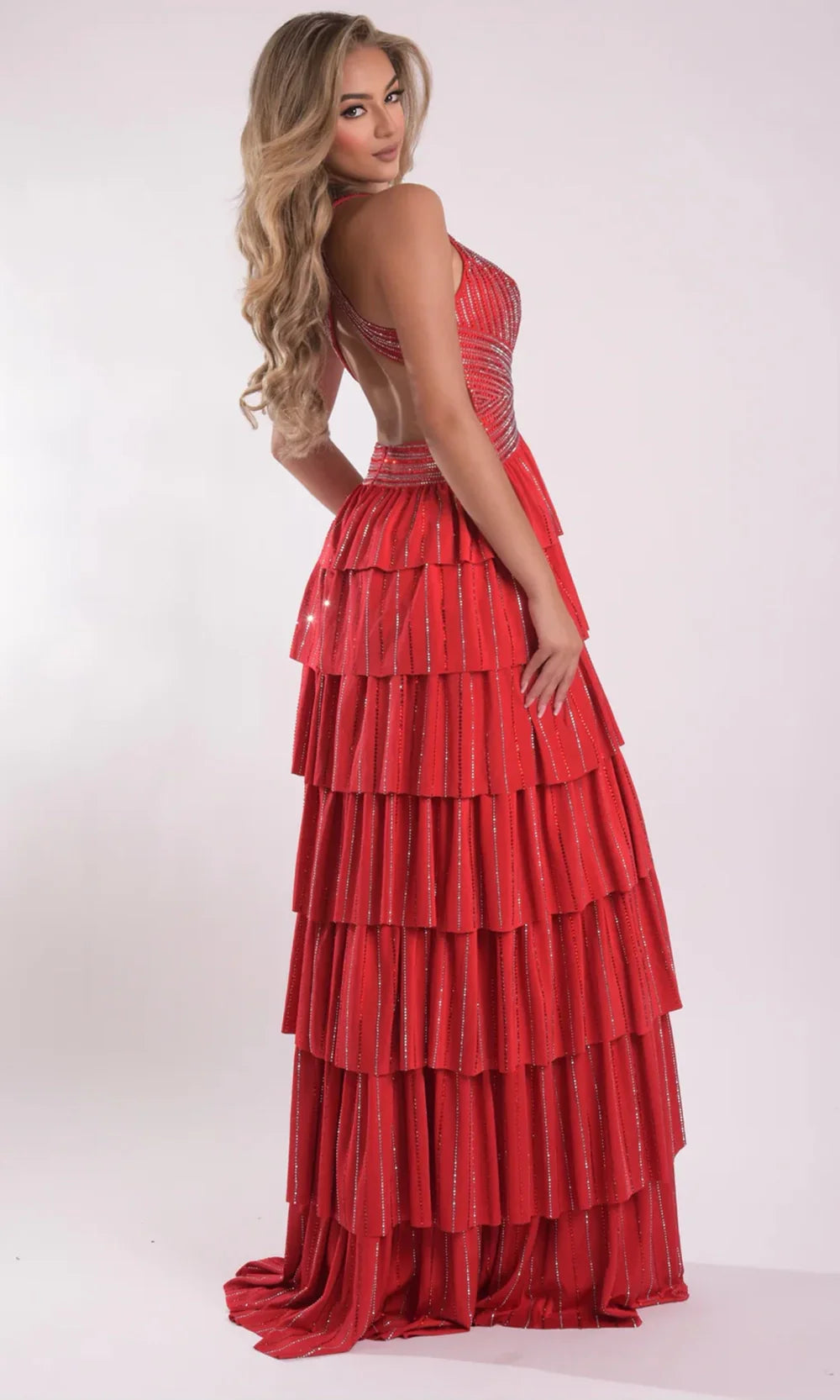 Jasz Couture 7933 - Tiered Ruffle Plunging V-Neck Prom Gown Prom Dresses in Red 