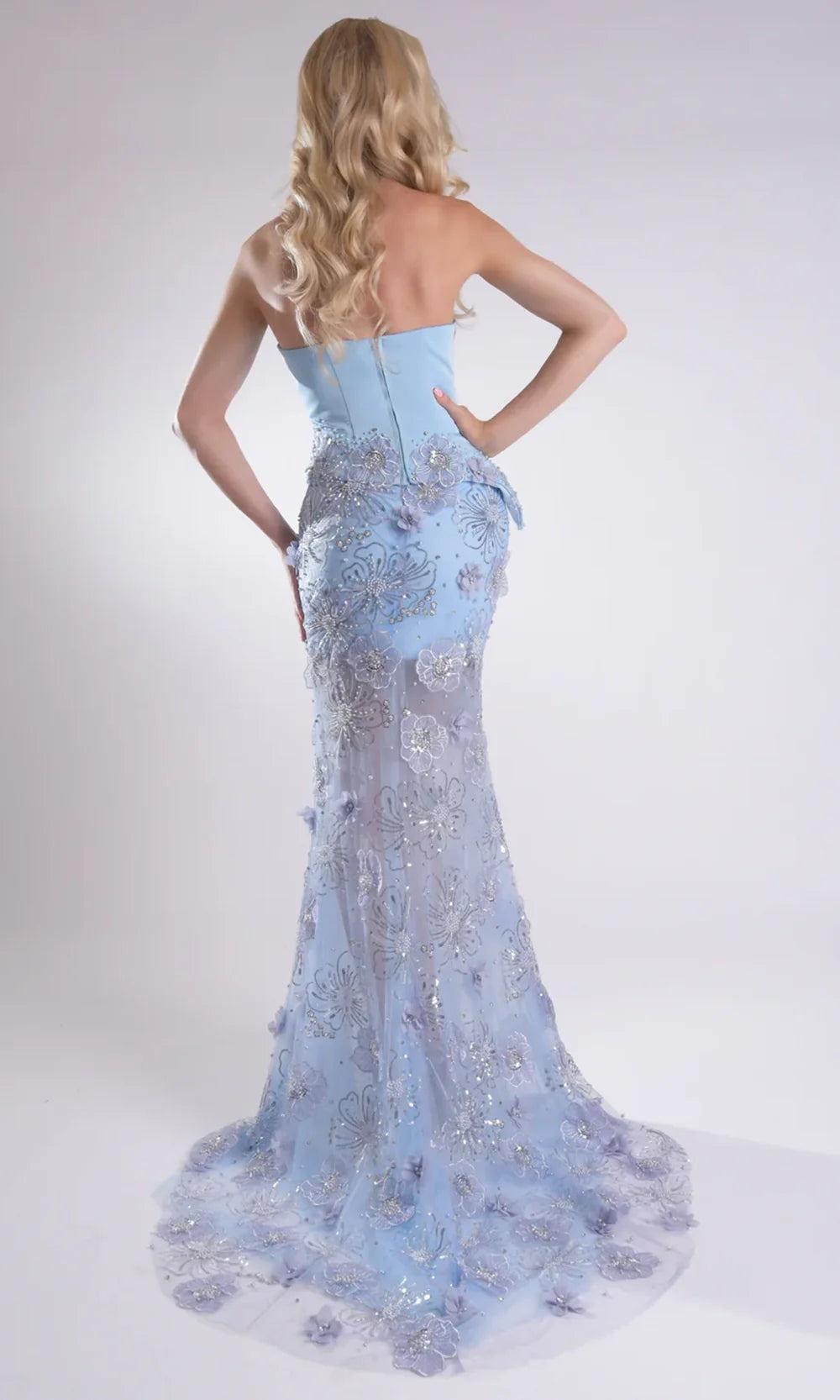Jasz Couture 7937 - Strapless Beaded 3D Flower Evening Gown Prom Dresses in Light Blue