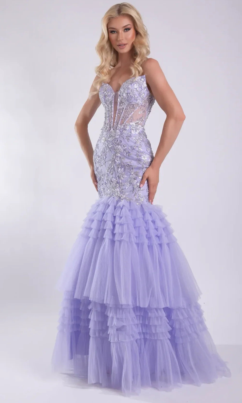 Jasz Couture 7939 - Plunging Neckline Tiered Ruffle Prom Gown Prom Dresses in Lilac 