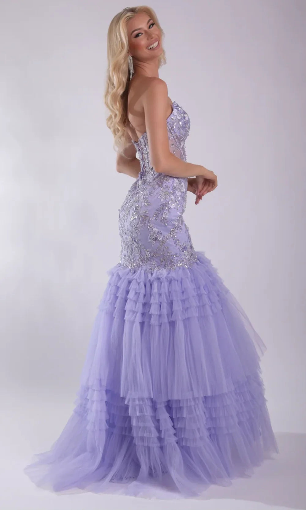 Jasz Couture 7939 - Plunging Neckline Tiered Ruffle Prom Gown Prom Dresses in Lilac 