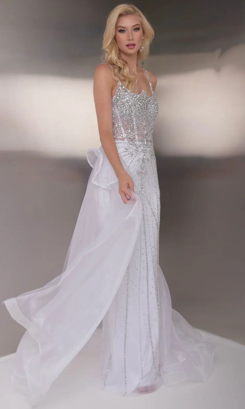 Jasz Couture 7946 - Crystal Embellished Sleeveless Overskirt Prom Gown Prom Dresses in White 