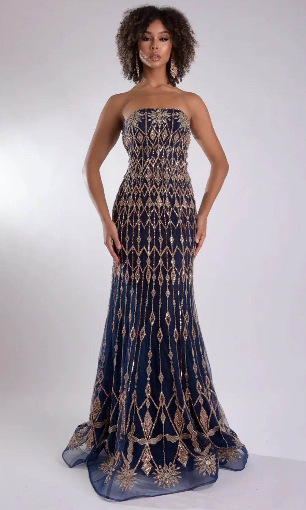 Jasz Couture 7947 - Strapless Straight Neck Embellished Gown Prom Dresses in Navy Gold