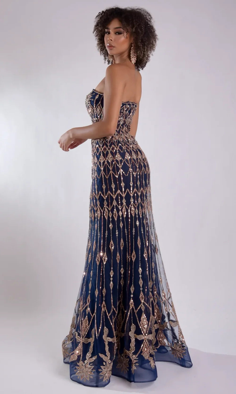 Jasz Couture 7947 - Strapless Straight Neck Embellished Gown Prom Dresses in Navy Gold