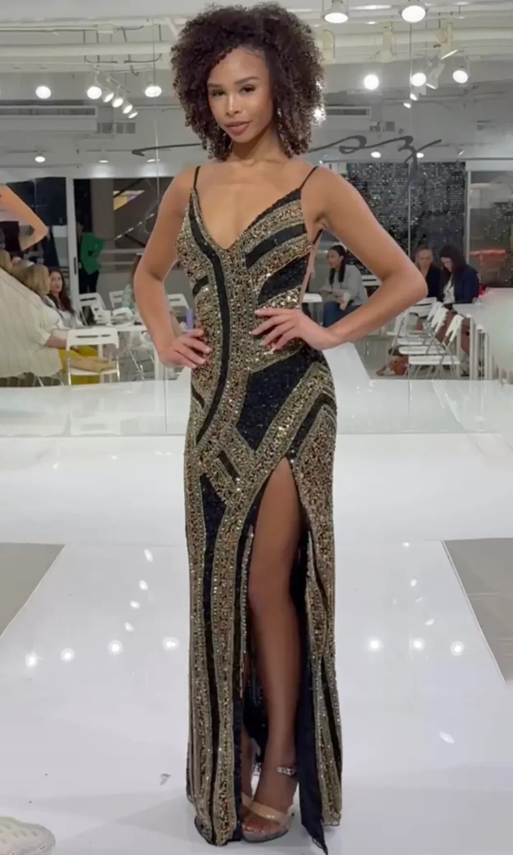 Jasz Couture 7948 - Deep V-Neck Shimmer High Slit Gown Prom Dresses in Black Gold