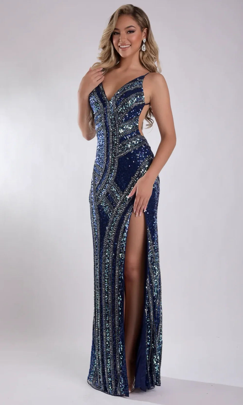 Jasz Couture 7948 - Deep V-Neck Shimmer High Slit Gown Prom Dresses in Navy 
