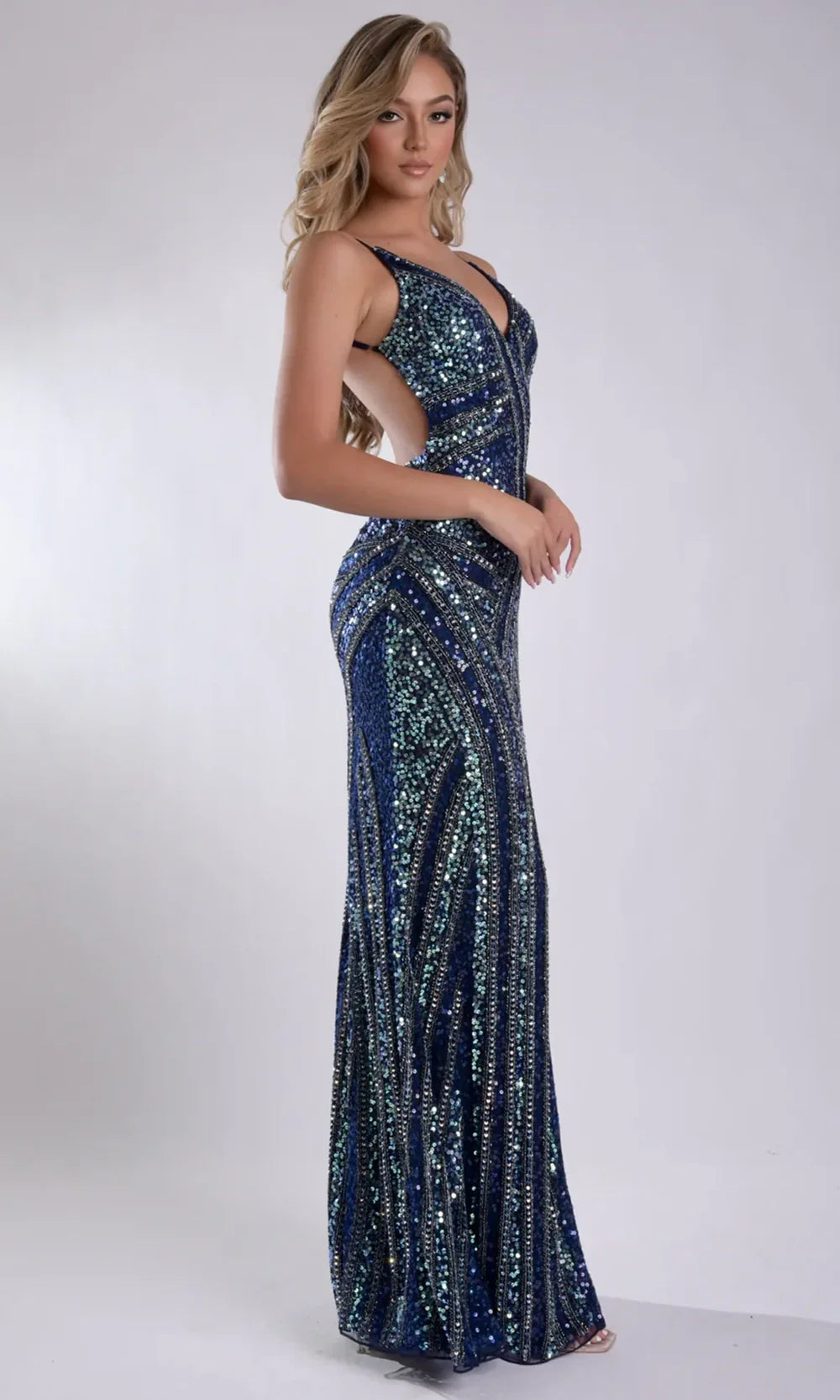 Jasz Couture 7948 - Deep V-Neck Shimmer High Slit Gown Prom Dresses in Navy 
