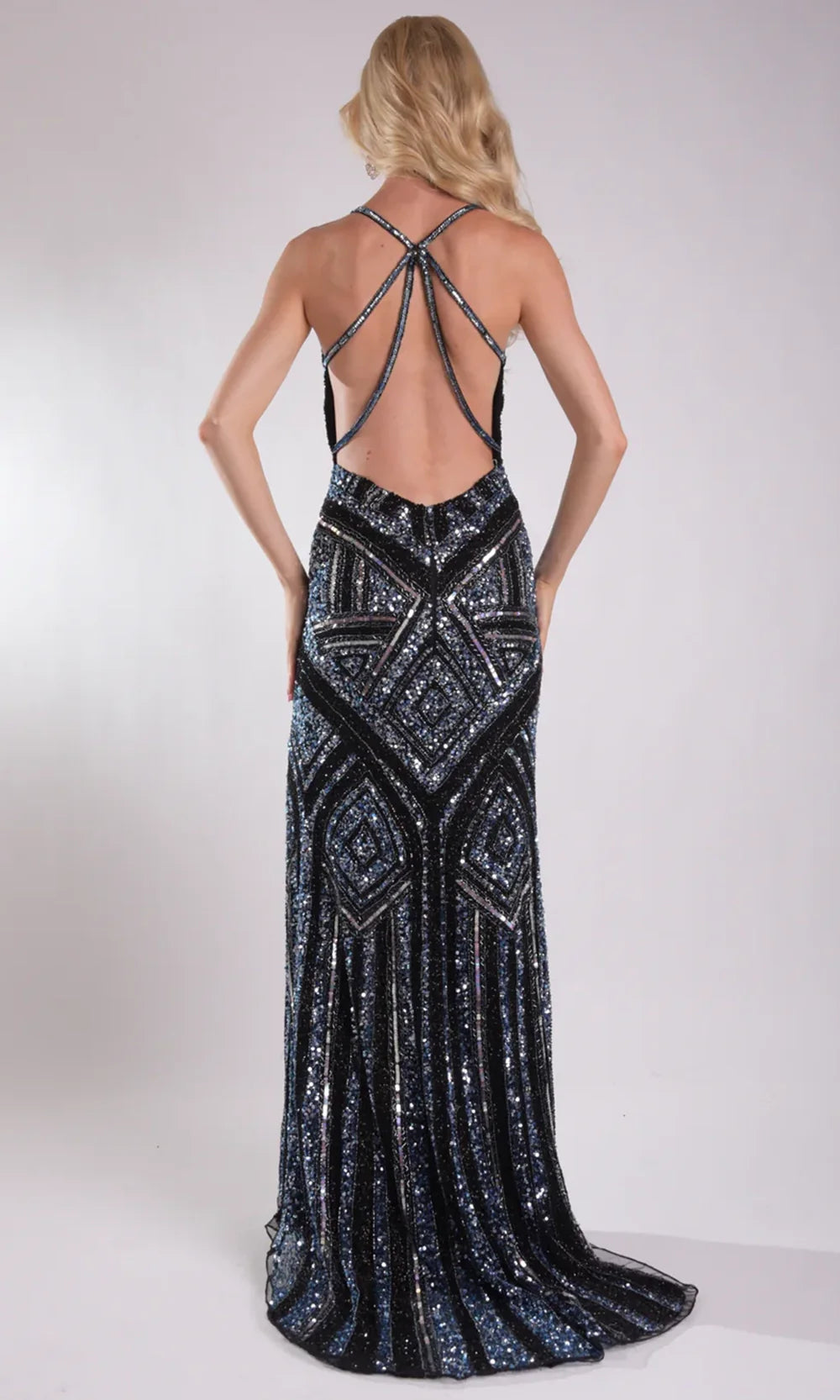 Jasz Couture 7950 - Strappy Back Geometric Pattern Prom Gown Prom Dresses in Black 