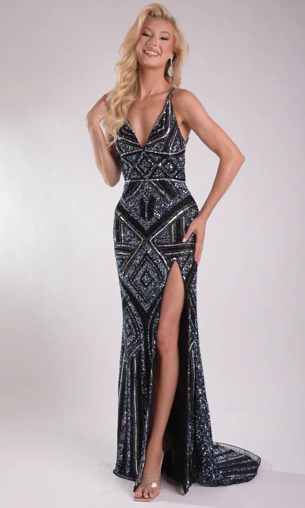 Jasz Couture 7950 - Strappy Back Geometric Pattern Prom Gown Prom Dresses in Black 