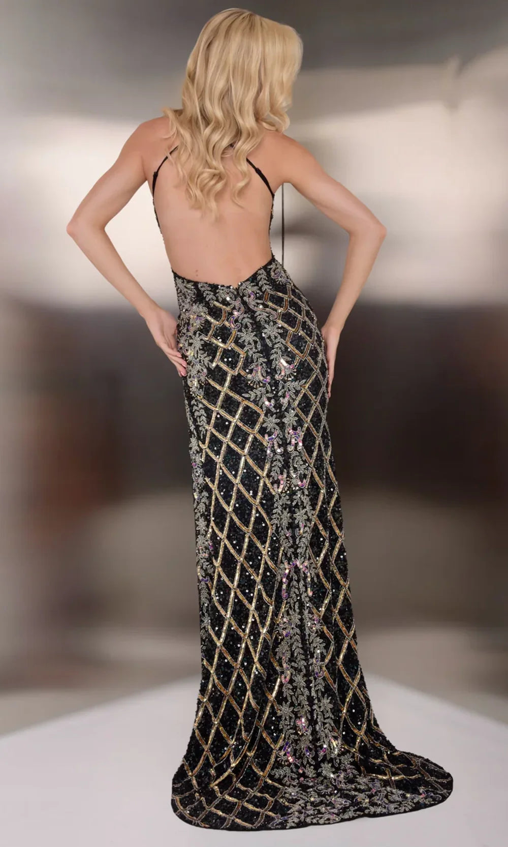Jasz Couture 7953 - Open Back High Slit Sparkle Prom Gown Prom Dresses in Black 