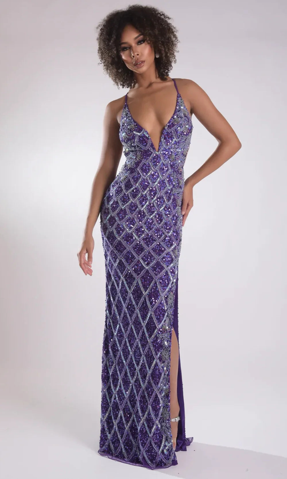 Jasz Couture 7953 - Open Back High Slit Sparkle Prom Gown Prom Dresses in Purple 