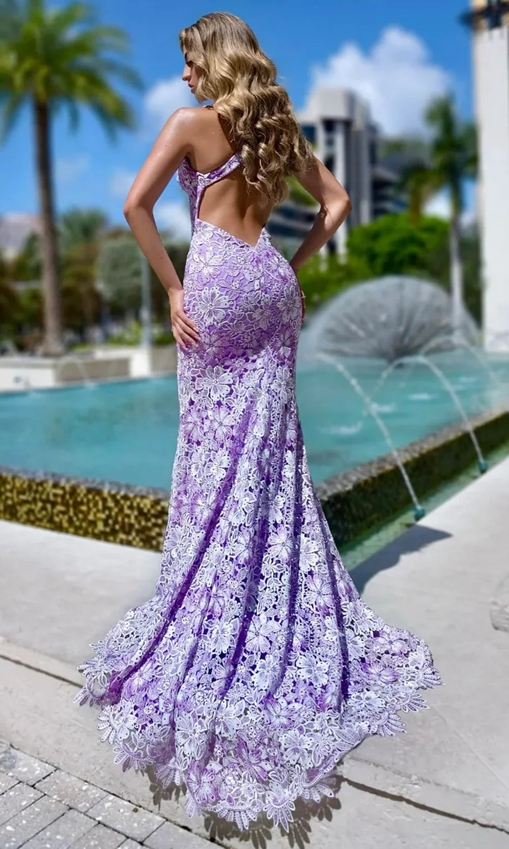 Jasz Couture 7955 - Plunging V-Neck Allover Lace Fitted Gown Prom Dresses in Lilac 