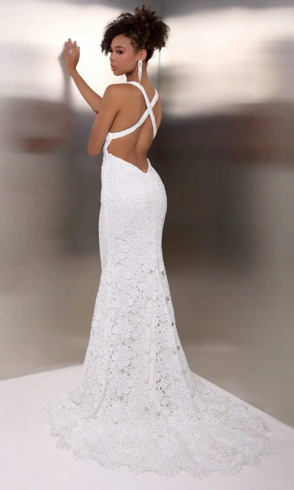 Jasz Couture 7955 - Plunging V-Neck Allover Lace Fitted Gown Prom Dresses in White 