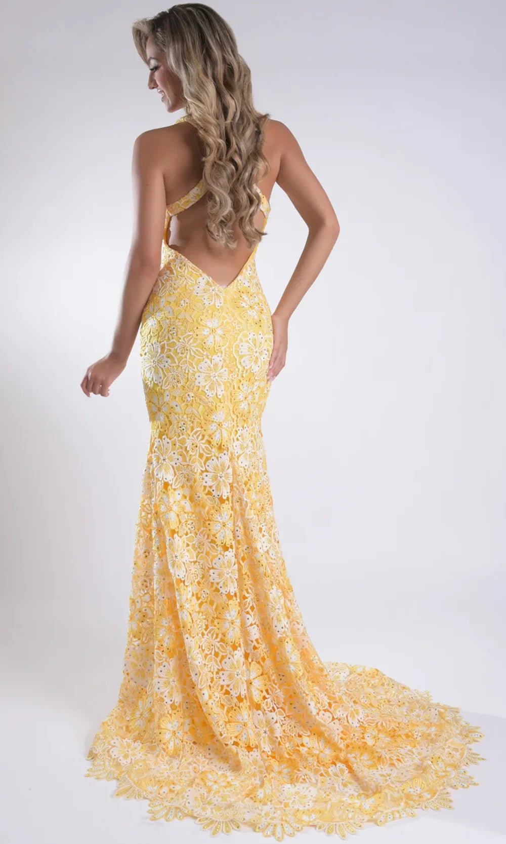 Jasz Couture 7955 - Plunging V-Neck Allover Lace Fitted Gown Prom Dresses in Yellow 