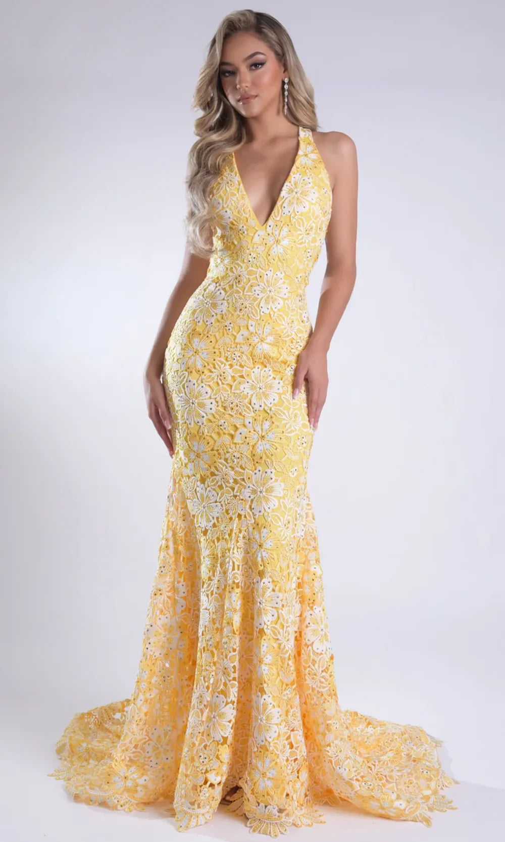 Jasz Couture 7955 - Plunging V-Neck Allover Lace Fitted Gown Prom Dresses in Yellow 