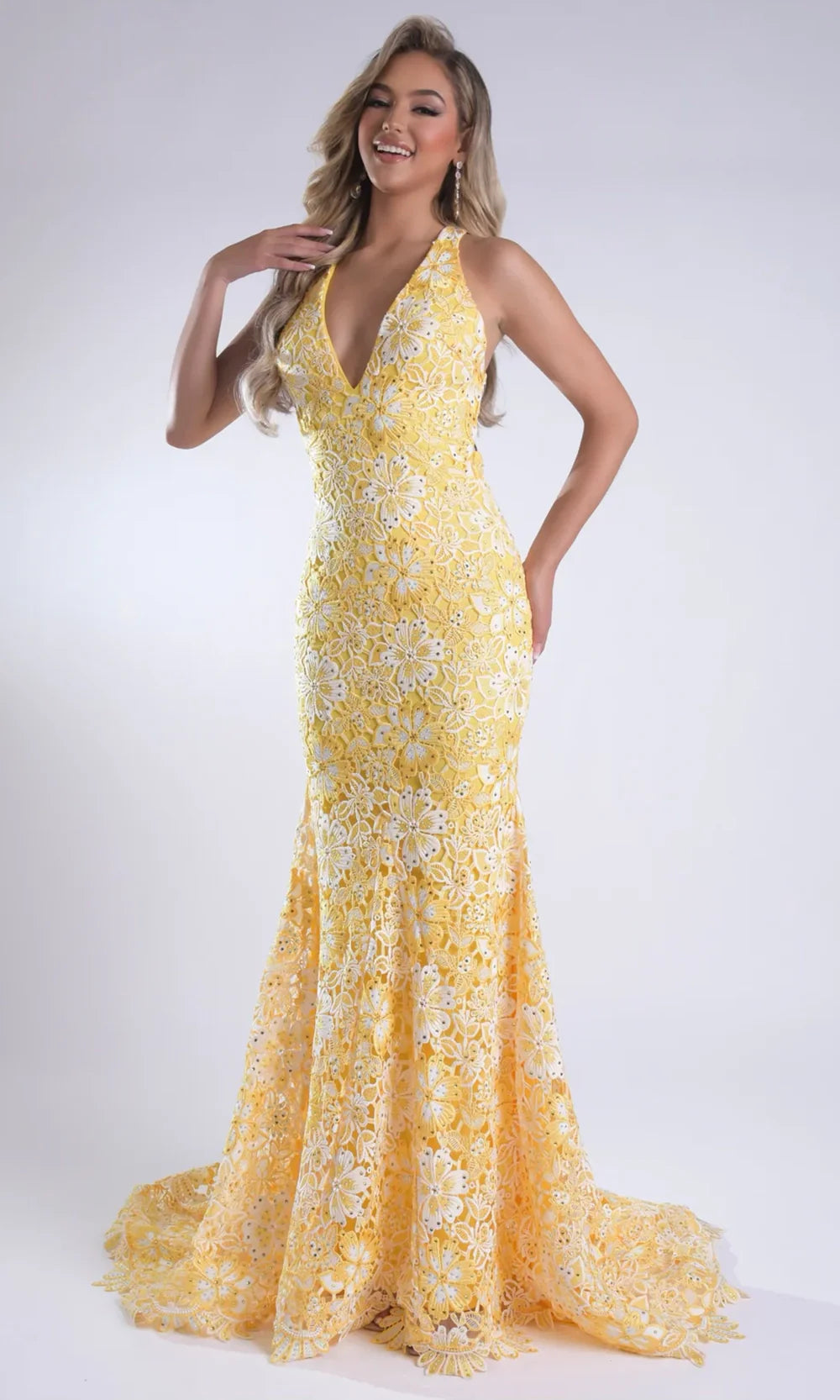 Jasz Couture 7955 - Plunging V-Neck Allover Lace Fitted Gown Prom Dresses in Yellow 