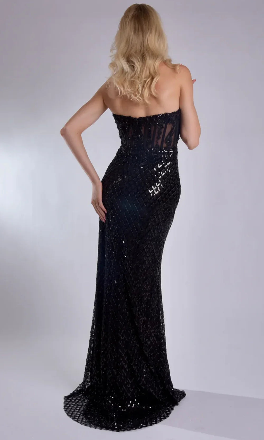 Jasz Couture 7957 - Beaded Lattice Strapless High Slit Gown Prom Dresses in Black 
