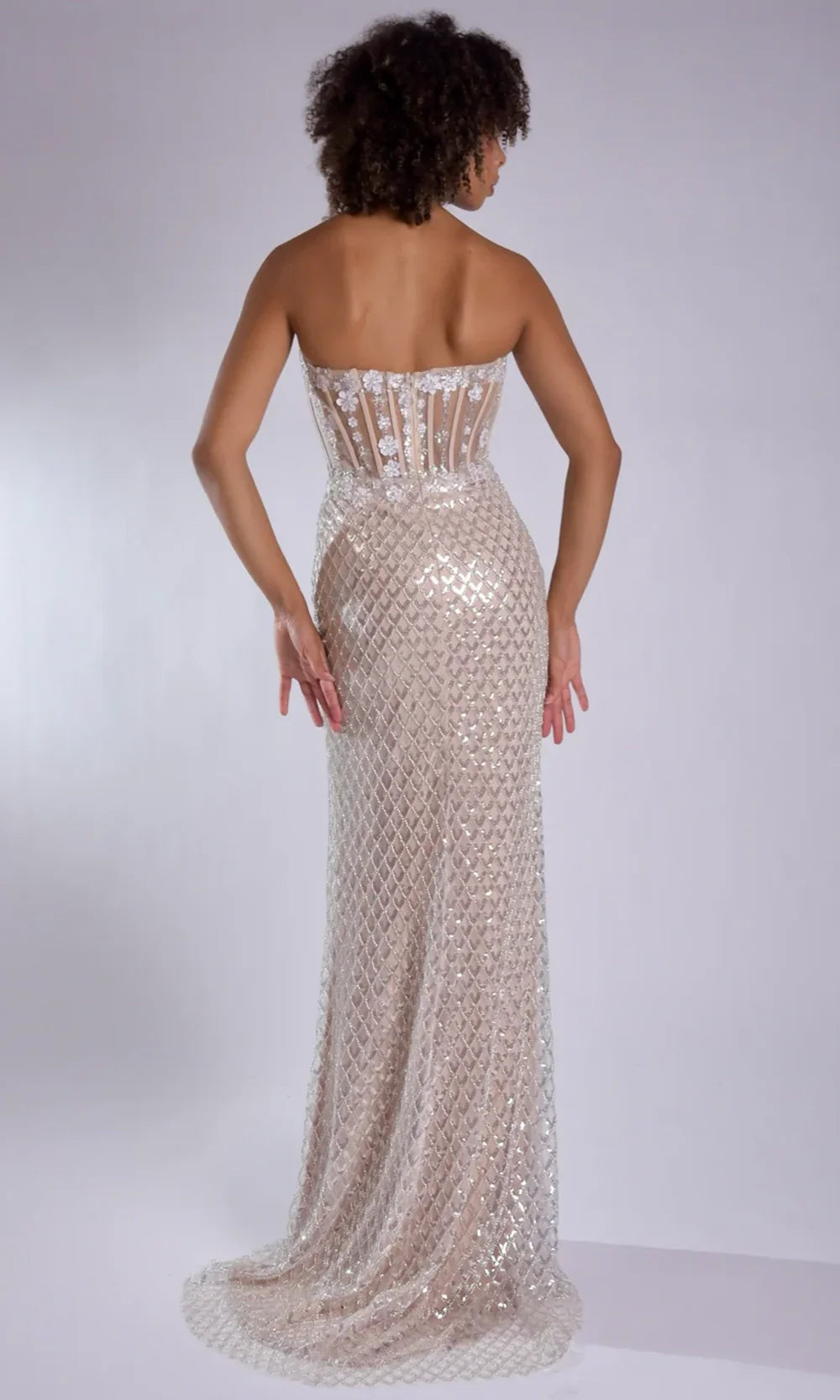 Jasz Couture 7957 - Beaded Lattice Strapless High Slit Gown Prom Dresses in Nude White