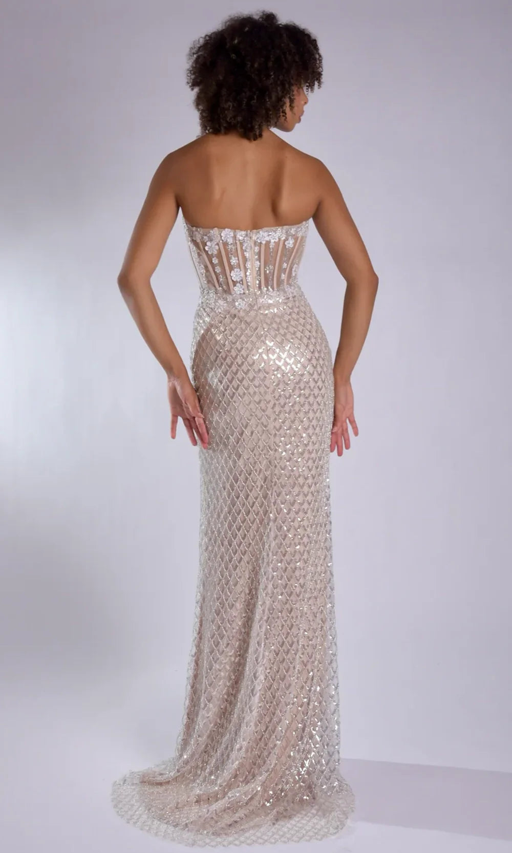 Jasz Couture 7957 - Beaded Lattice Strapless High Slit Gown Prom Dresses in Nude White