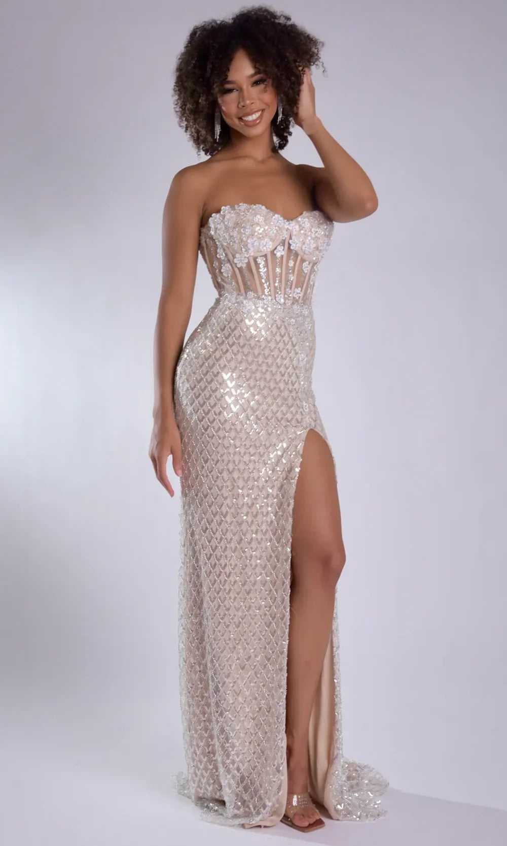 Jasz Couture 7957 - Beaded Lattice Strapless High Slit Gown Prom Dresses in Nude White