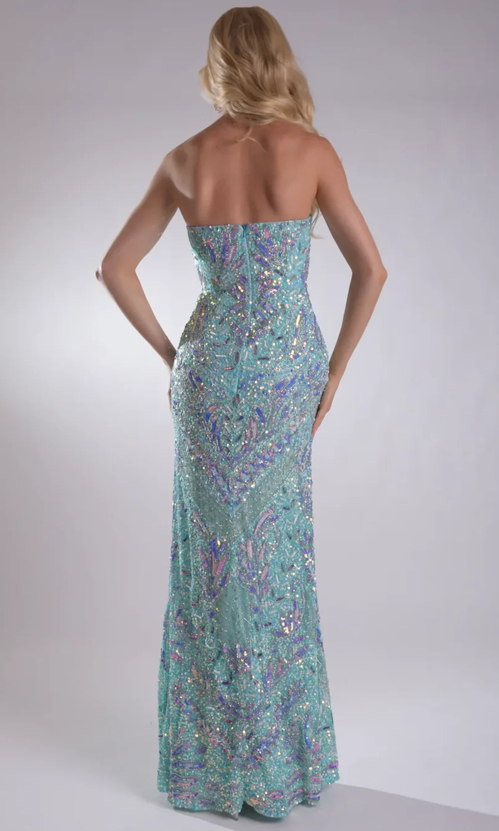 Jasz Couture 7959 - Strapless Beaded Sequin Gown with High Slit Prom Dresses in Mint 