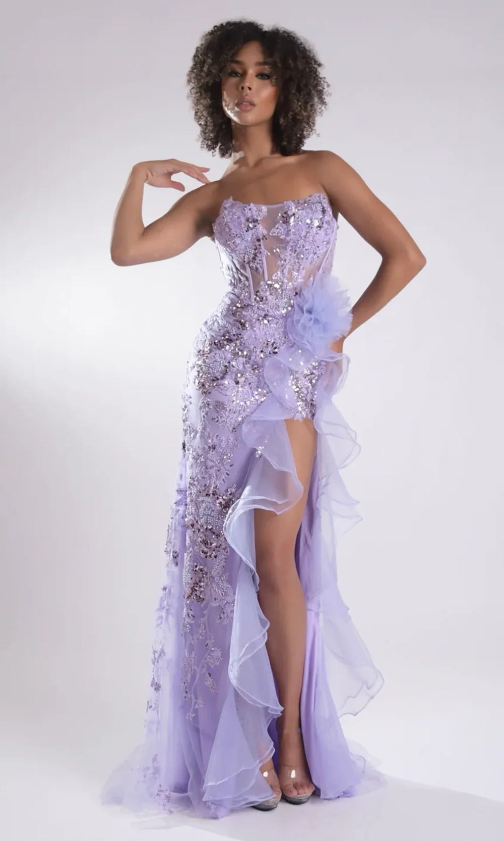 Jasz Couture 7960 - Scoop Neckline Beaded Applique Gown with Ruffles Prom Dresses in Lilac 